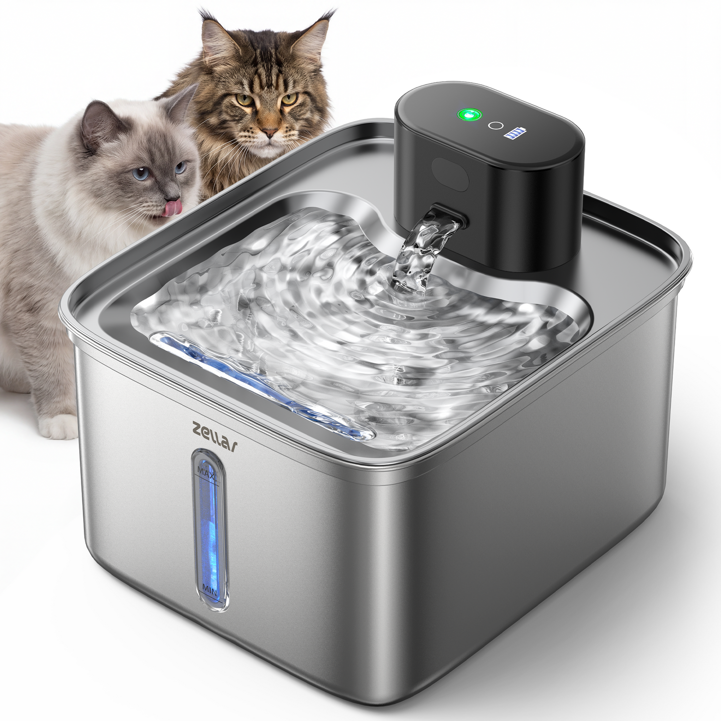 Zellar Pump-Free Wireless Pet Fountain: 304 SS, 3 Modes & Motion Sensor, Ultra-Quiet Multi-Layer Filtration for Cats/Dogs