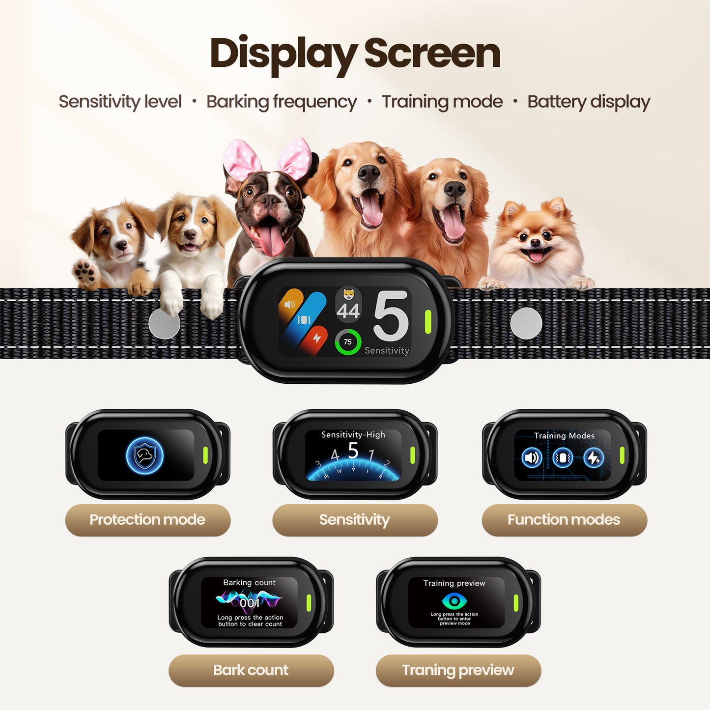 ZELLAR Smart Anti-Bark Collar: Beep, Vibration, 5 Modes, Adjustable Sensitivity, IP67 Waterproof for All Dogs