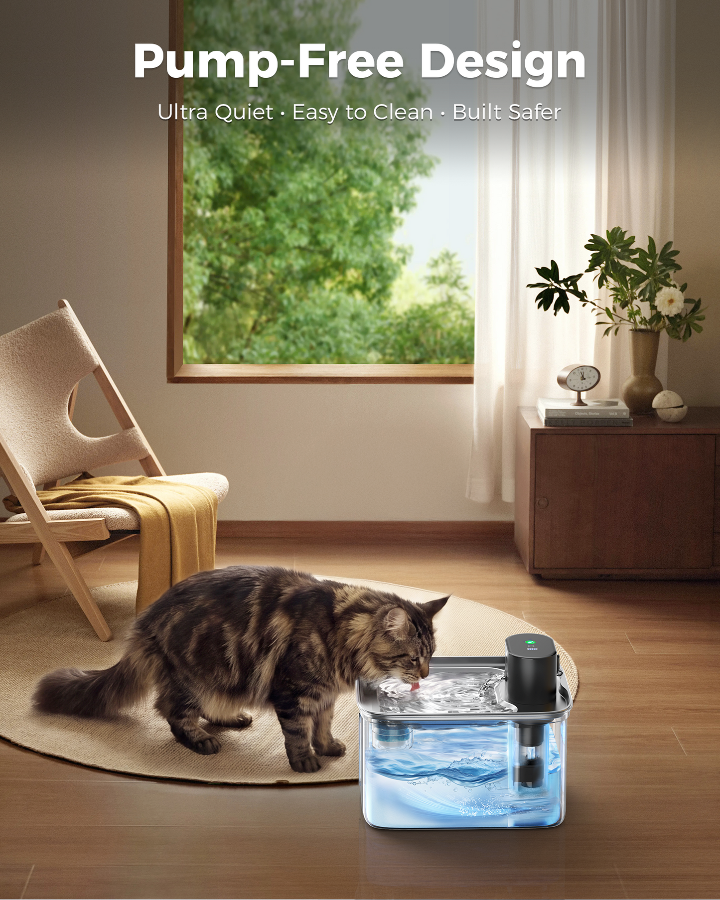 Zellar Pump-Free Wireless Pet Fountain: 304 SS, 3 Modes & Motion Sensor, Ultra-Quiet Multi-Layer Filtration for Cats/Dogs