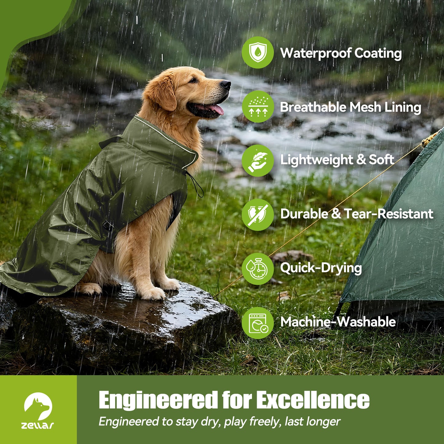Zellar Dog Raincoat with Hood, Collar Hole, 100% Waterproof Ultra-Light Breathable Rainwear Rain Jacket with Safe Reflective Strips for Medium to Large Dog, Blue, 4XL