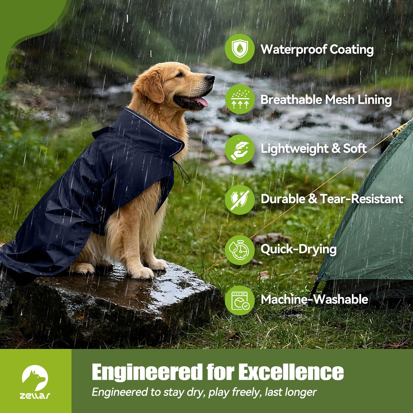 Zellar Dog Raincoat with Hood, Collar Hole, 100% Waterproof Ultra-Light Breathable Rainwear Rain Jacket with Safe Reflective Strips for Medium to Large Dog, Blue, 4XL