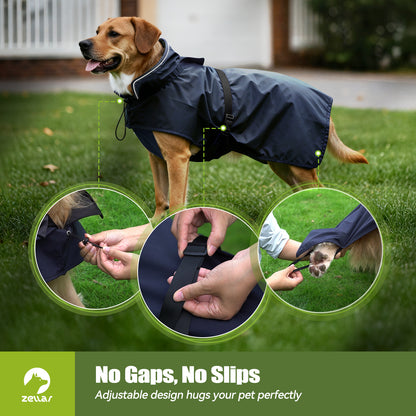 Zellar Dog Raincoat with Hood, Collar Hole, 100% Waterproof Ultra-Light Breathable Rainwear Rain Jacket with Safe Reflective Strips for Medium to Large Dog, Blue, 4XL