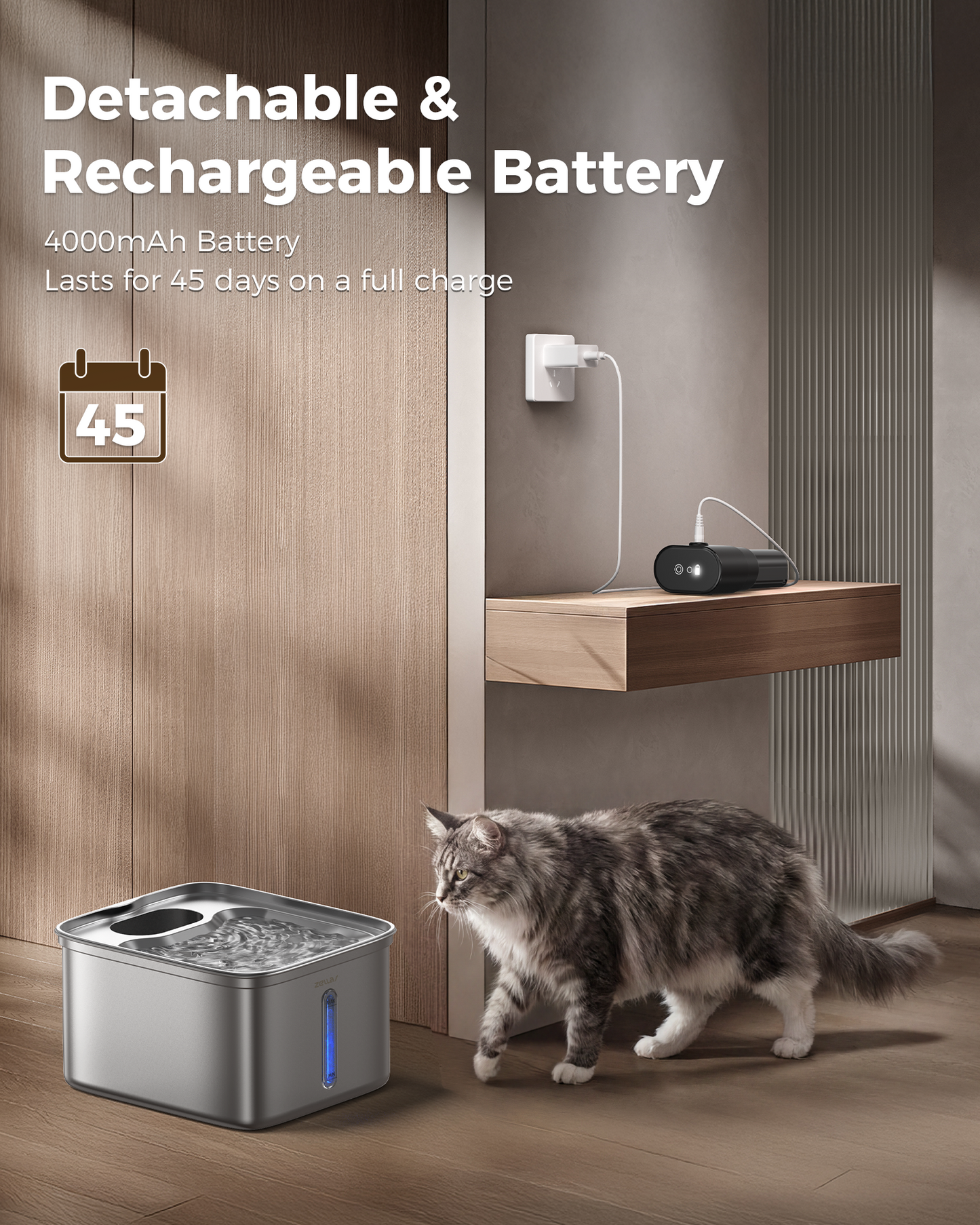 Zellar Pump-Free Wireless Pet Fountain: 304 SS, 3 Modes & Motion Sensor, Ultra-Quiet Multi-Layer Filtration for Cats/Dogs