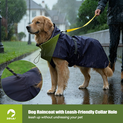Zellar Dog Raincoat with Hood, Collar Hole, 100% Waterproof Ultra-Light Breathable Rainwear Rain Jacket with Safe Reflective Strips for Medium to Large Dog, Blue, 4XL