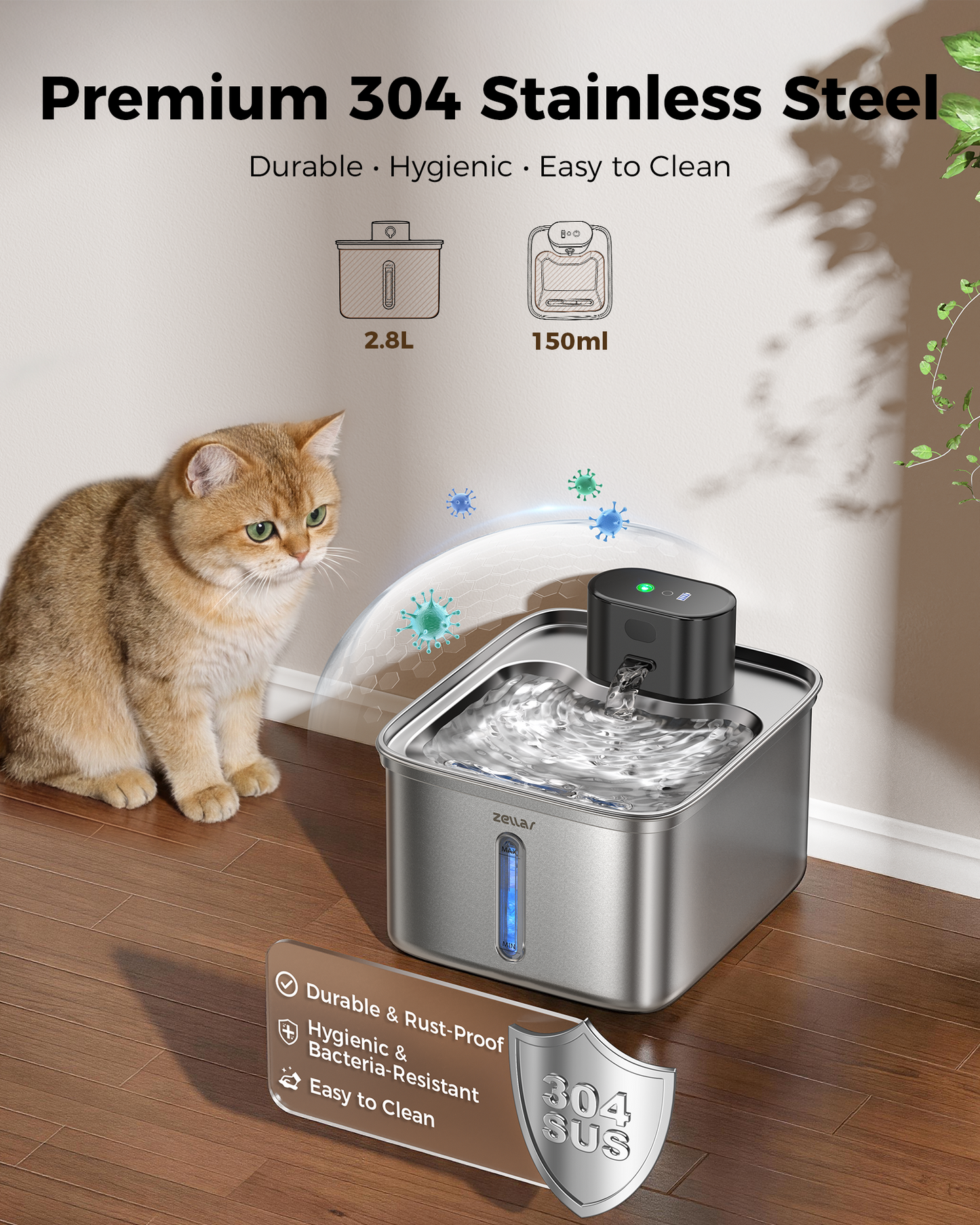 Zellar Pump-Free Wireless Pet Fountain: 304 SS, 3 Modes & Motion Sensor, Ultra-Quiet Multi-Layer Filtration for Cats/Dogs