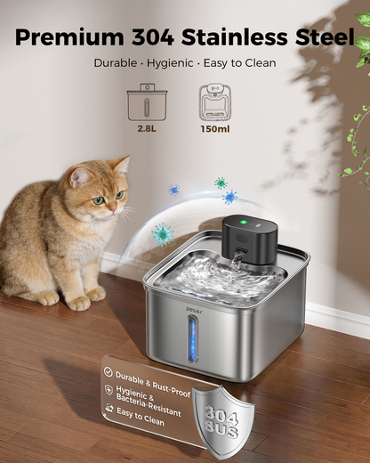 Zellar Pump-Free Wireless Pet Fountain: 304 SS, 3 Modes & Motion Sensor, Ultra-Quiet Multi-Layer Filtration for Cats/Dogs
