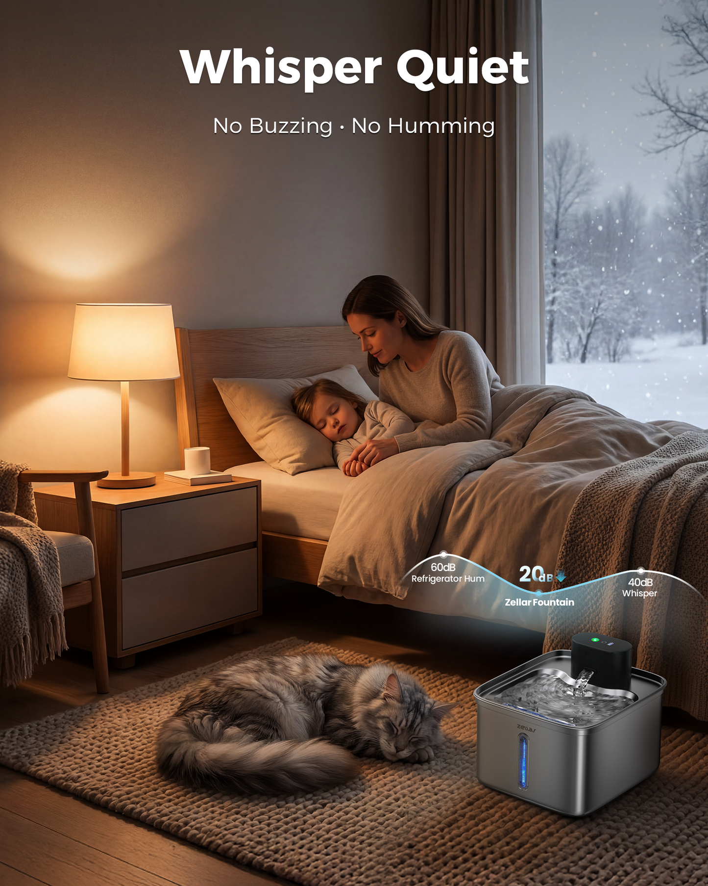 Zellar Pump-Free Wireless Pet Fountain: 304 SS, 3 Modes & Motion Sensor, Ultra-Quiet Multi-Layer Filtration for Cats/Dogs
